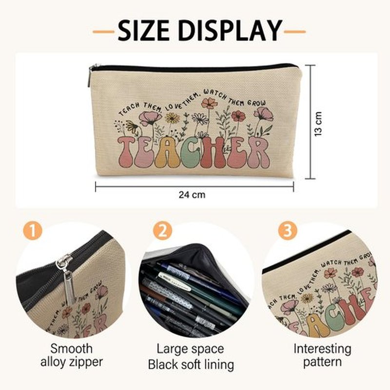 BARPERY Teacher Bag,Gifts For teacher Survival Kit,Teacher Must Haves, Retro Wildflowers Canvas Makeup Bag,Cosmetic Bag Zipper Travel Toiletry Bag