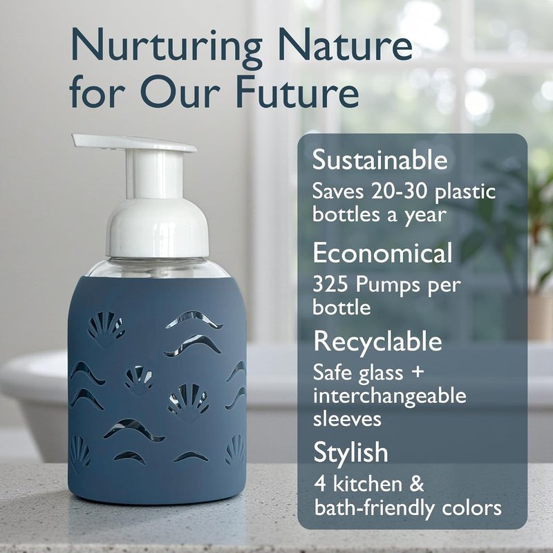 Foaming Glass Hand Soap Dispenser with Pump - Refillable Kitchen & Bathroom Soap Bottle | Storm Blue 8oz, Non-Slip Silicone Sleeve