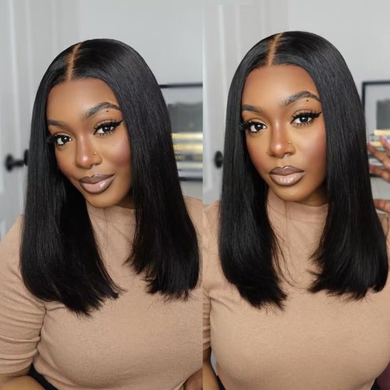 meiliprotea Black Bob Wig Middle Part Glueless Synthetic Lace Front Wig 15 Inch Shoulder Length Short Straight Bob Wigs No Bangs for White and Black Women Daily Party Use (1B)
