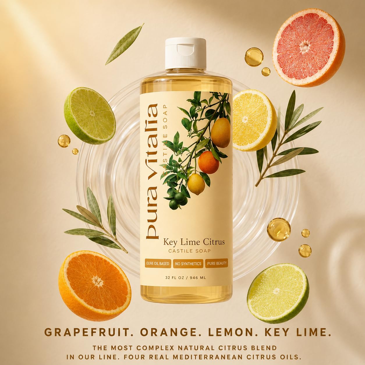 Pura Vitalia Key Lime Citrus Castile Soap Body Wash | With Organic Aloe & 4 Mediterranean Citrus Oils | No SLS, Parabens or Synthetic Fragrance | Ancient Mediterranean Formula | 32 oz