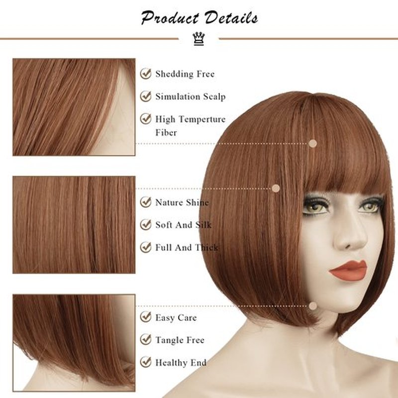 SOFEIYAN Short Straight Bob Wigs with Bangs 11 inch Synthetic Daily Party Cosplay Hair Wig for Black Women, Linen
