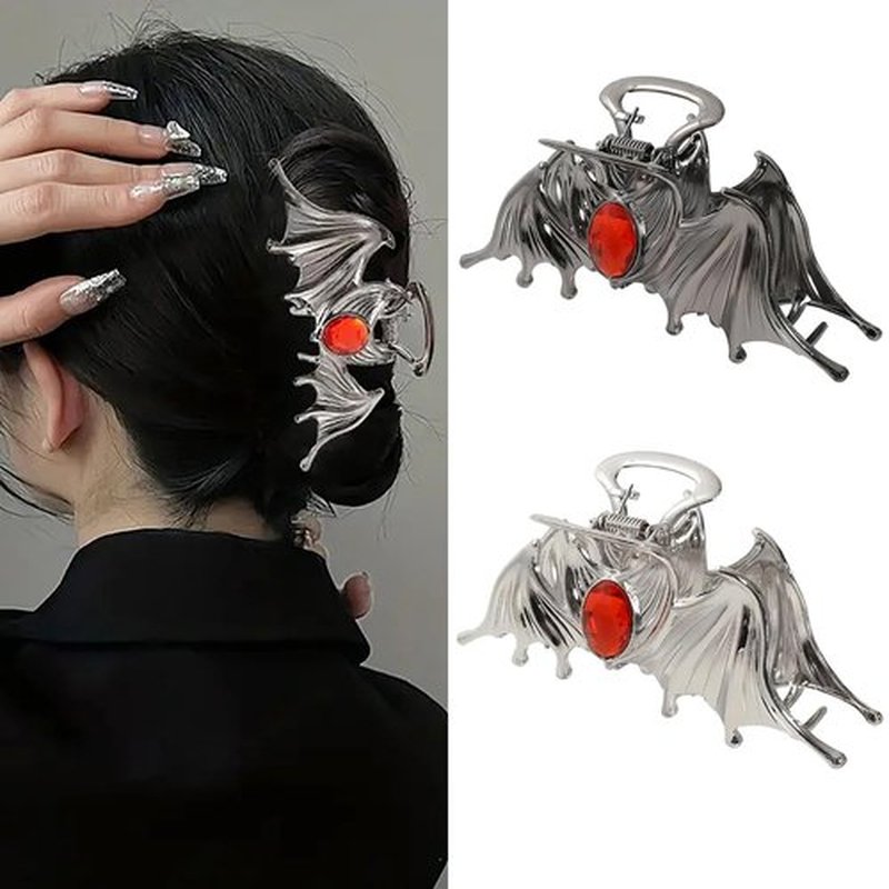 Halloween Hair Accessories Metal Bat Hair Claw Clips Halloween Shark Jaw Clip Silver Black Bat Wings with Rhinestones Design Medium Hair Clips Cosplay Party Hair Supplies Halloween Claw Clips, 2Pcs