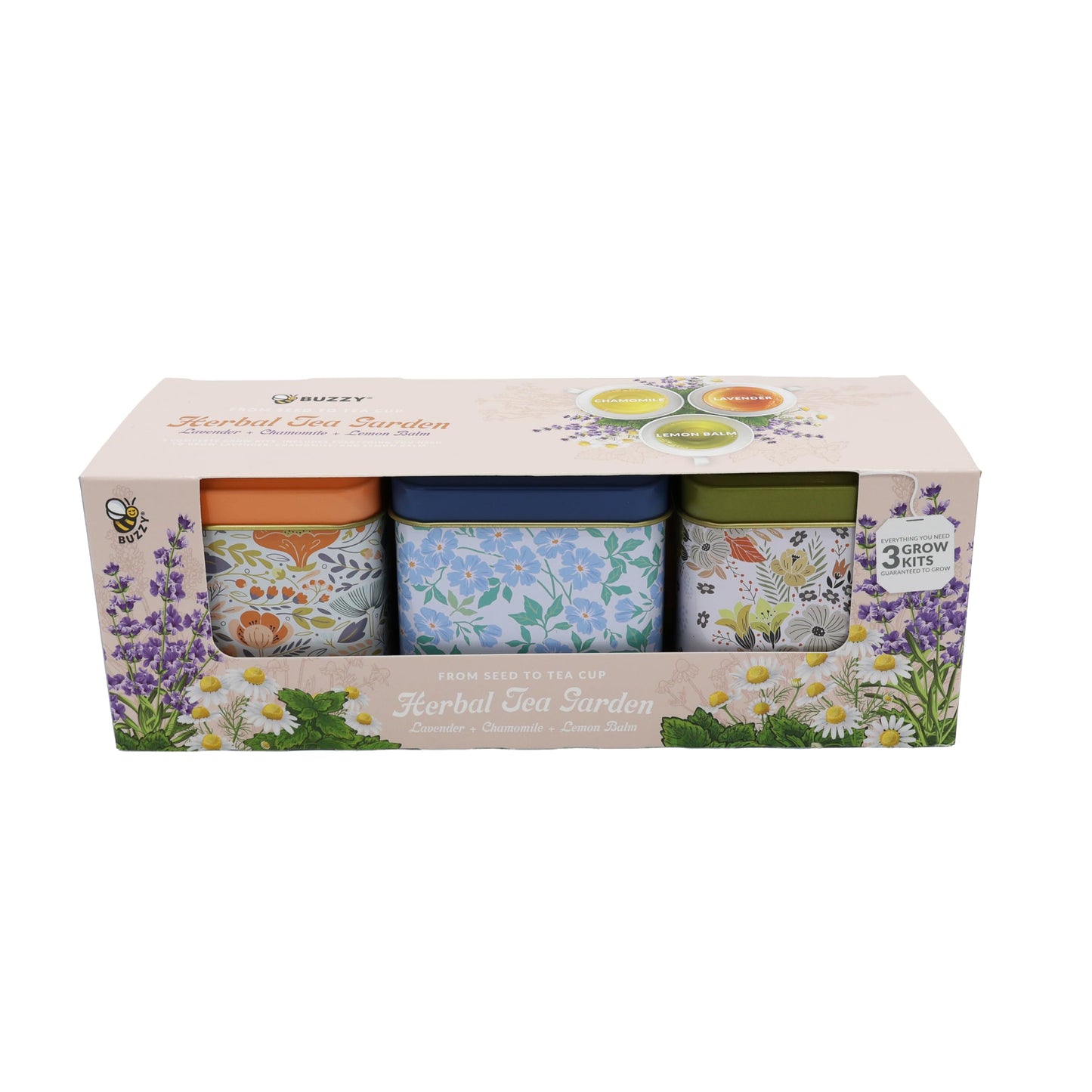 Buzzy Seeds Herbal Tea Garden Grow Kit 3-Pack - Metal Windowsill Planter - Complete Indoor/Outdoor Gardening Kit with Seeds, Coconut Husk Growing Medium & Genuine Pots - 100% Grow Guarantee