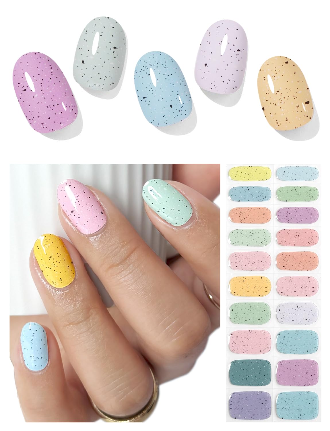 AutyaMee Semi Cured Gel Nail Strips (Colorful Stone), Spring Macaron, 20 Pcs Gel Nail Wraps, Stickers, Salon Quality, Easter, Works with Any UV Lamps