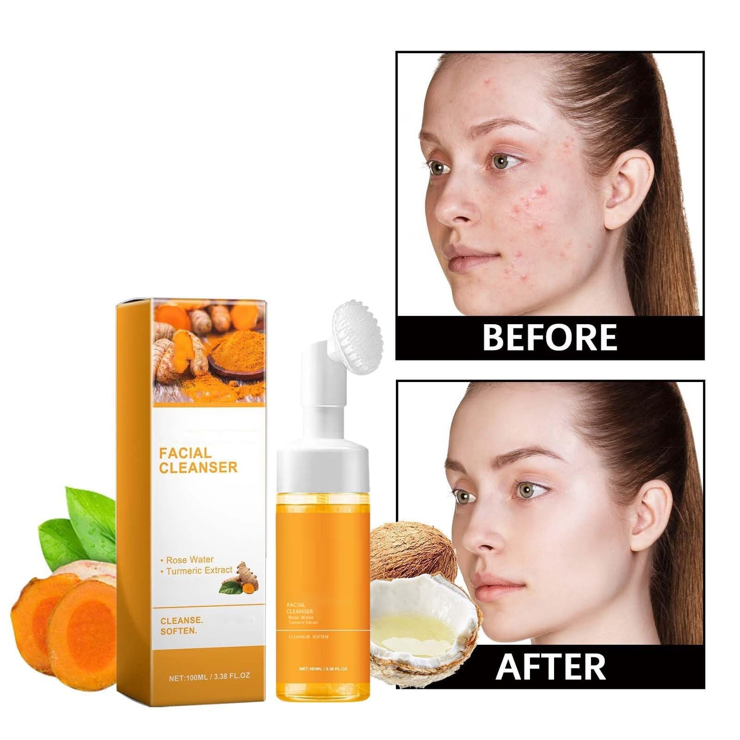 EAEVDJ Turmeric Face Wash With Brush, Deep Cleansing Exfoliating Glow Wash Cleanser.(1 Pcs)