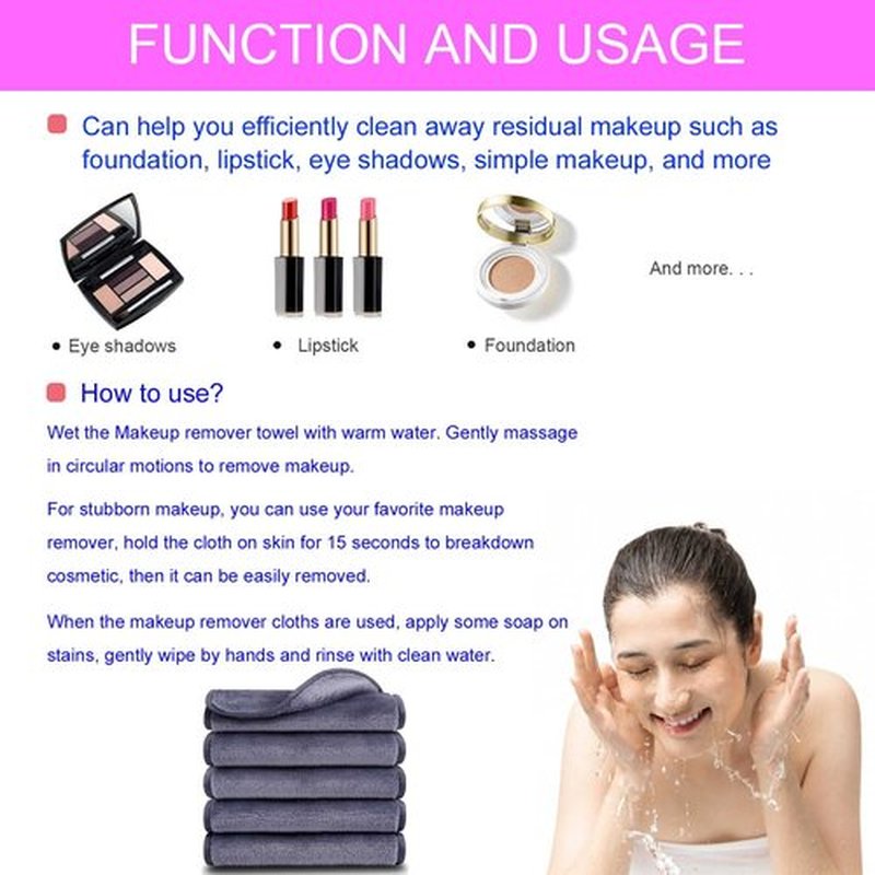 Makeup Remover Cloth (5 pack) Reusable Microfiber Makeup Remover Face Towel Removing All Makeup With Just Water Soft for All Skin Types 7.5 X 15 inch Grey