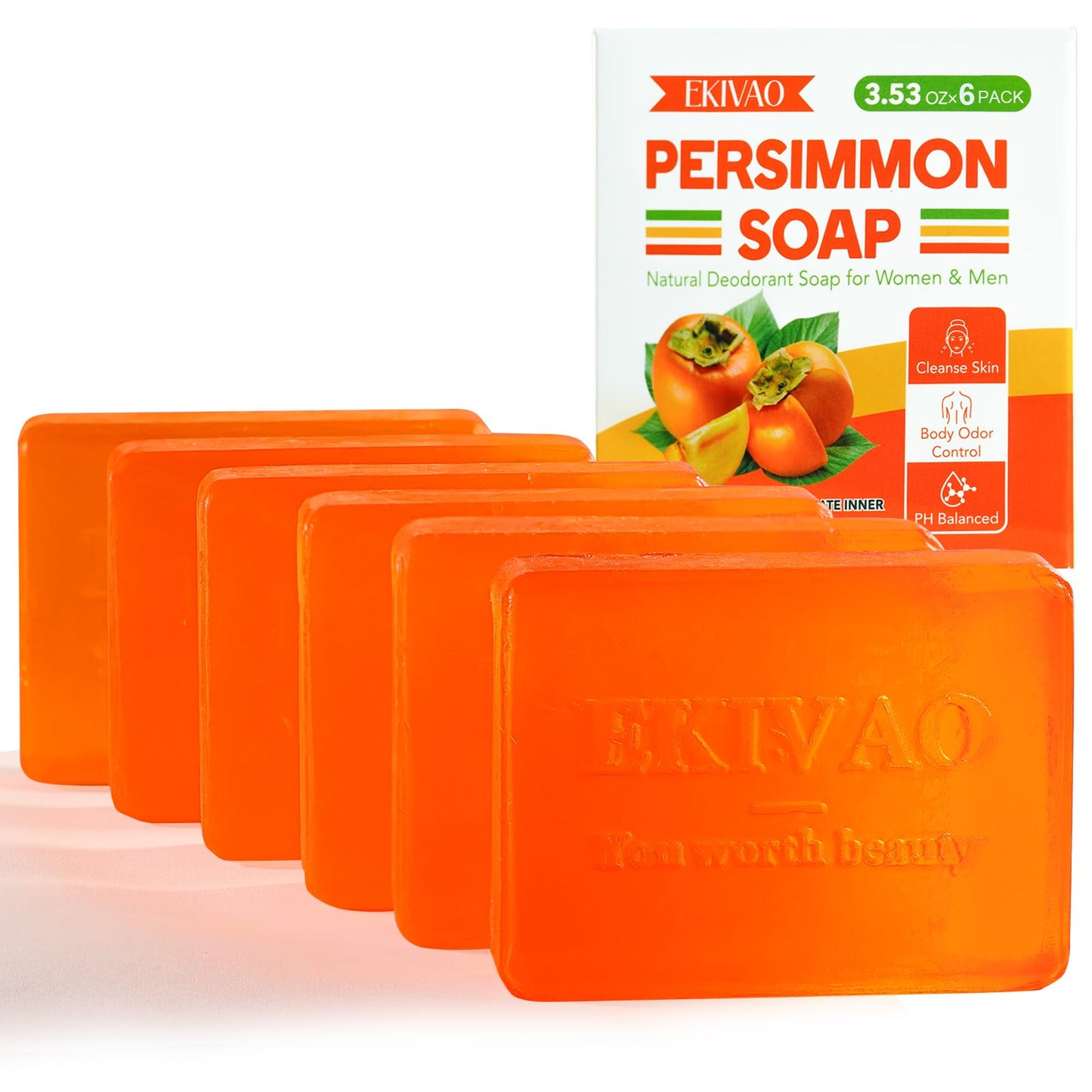 EKIVAO 6 PCS Persimmon Soap Bar for for Old People Smell, Natural Deodorant Body Bar Soap for Odor Control, Remove Strong Smell, Eliminating Odor Wash Soap for Women & Men