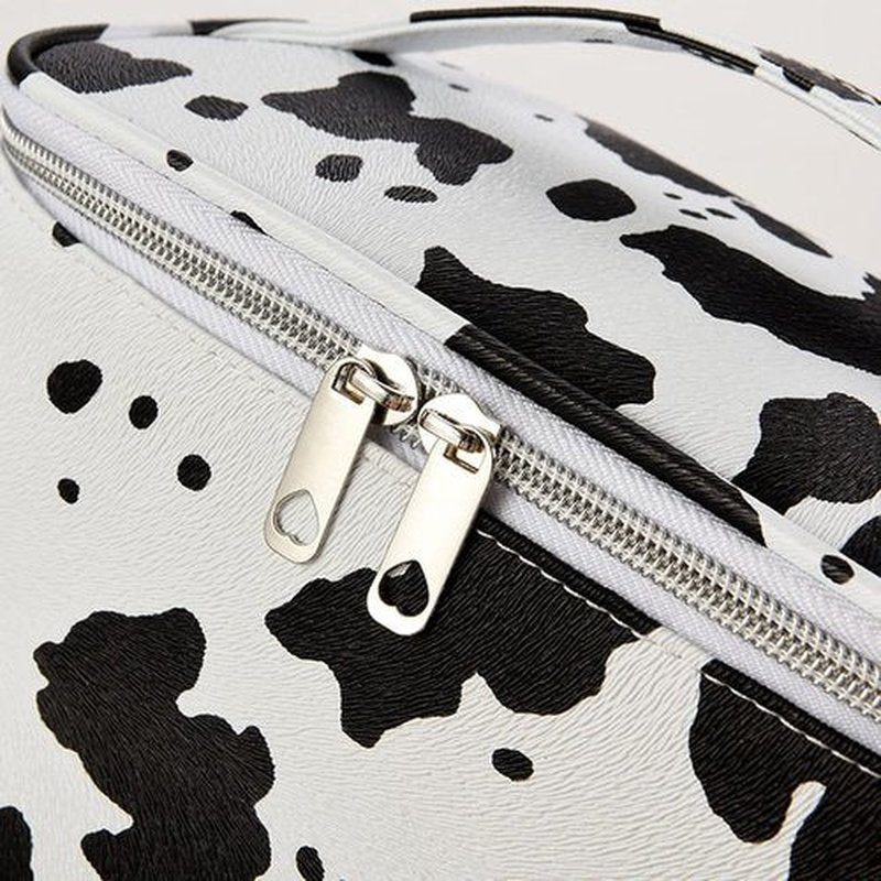 Makeup Bag Portable Travel Cosmetic Bag for Women, Beauty Zipper Makeup Organizer PU Leather Washable Waterproof (Cow Print)