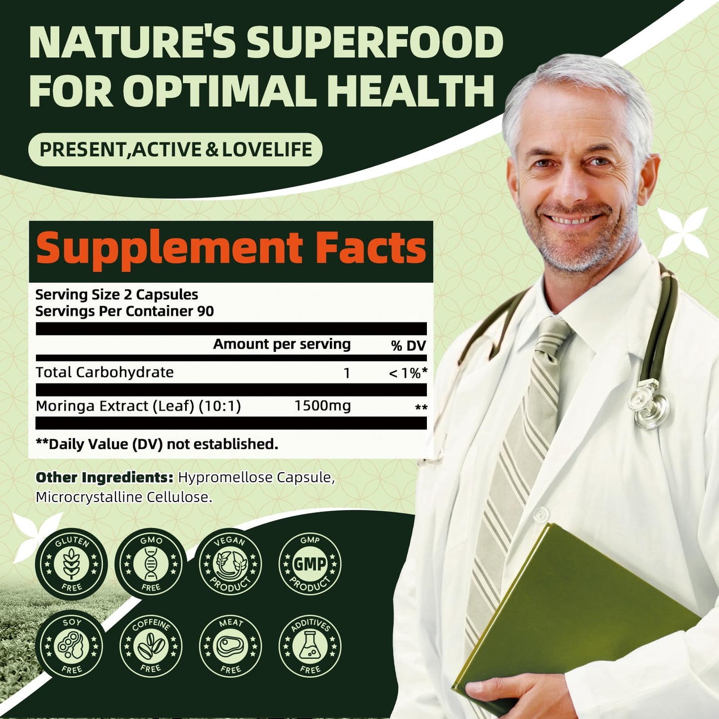 GREENPEOPLE Whole-Leaf Moringa Capsules 1500mg - High Potency 10:1 Moringa Oleifera Leaf Extract - Natural Green Superfood for Energy & Immune Support - Vegan, Non-GMO, Caffeine Free - 180 Count