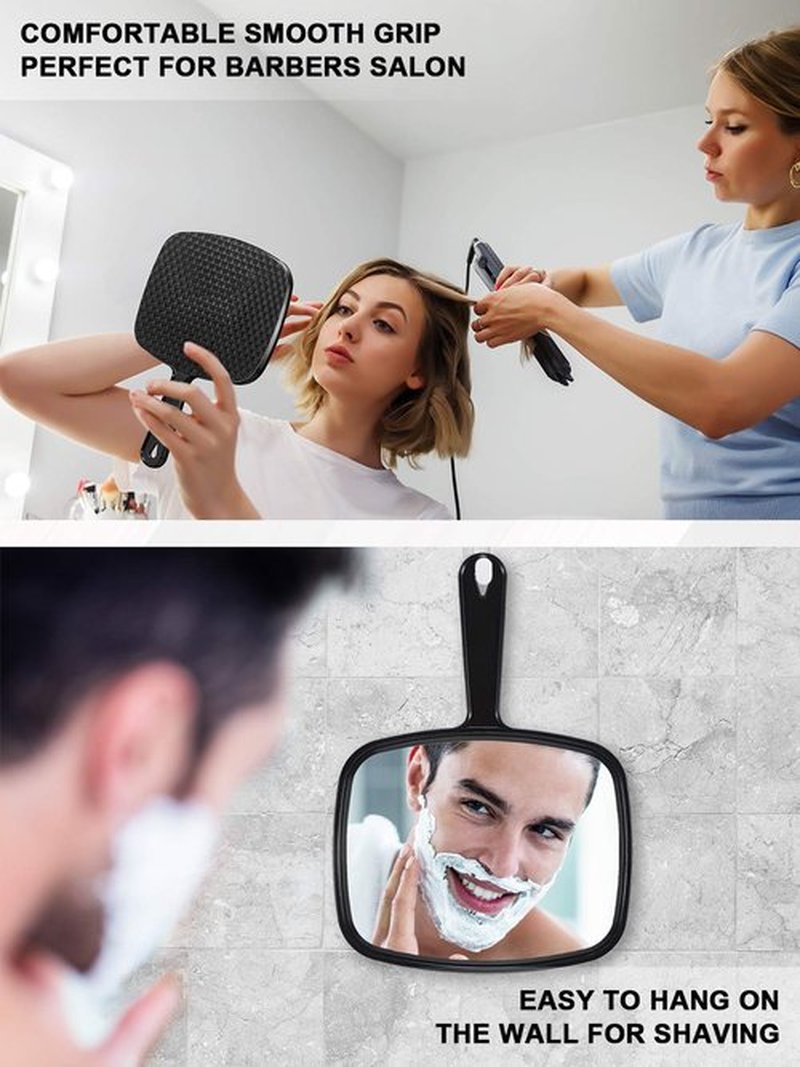 MIRRORNOVA Hand Mirror, Barber Hairdressing Handheld Mirror with Handle for Salon, Square, Black, Large,Pack of 3