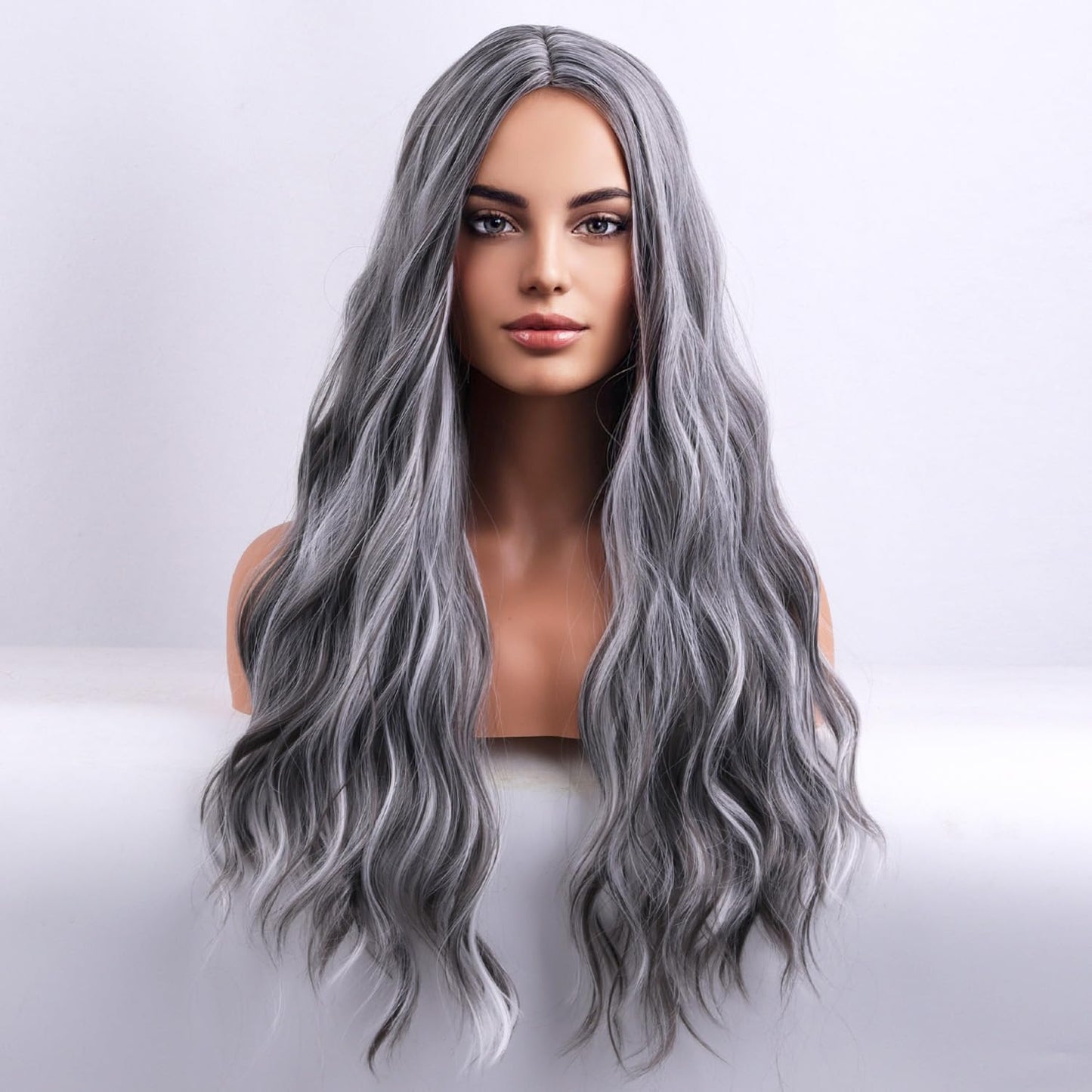 BERON Grey Wig Long Wavy Wigs Mix Gray Wigs for Women Highlight Silver Wavy Wigs Gray Long Curly Wig