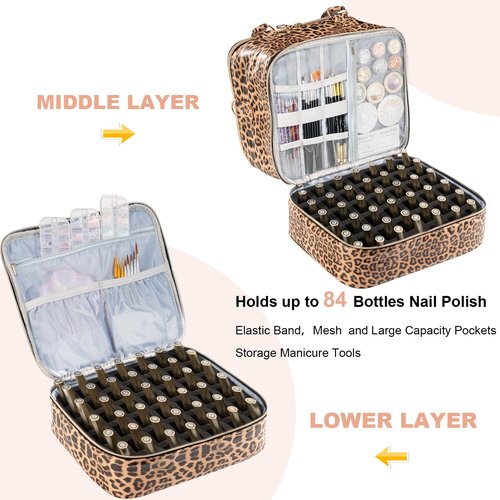 Uross Nail Polish Organizer Bag Holds 84 Bottles Nail Polish & Nail Lamp,Large Gel Nail Polish Organizers and Storage box for Nail Tech, Nail Kit Supplies Organizer Case - Leopard