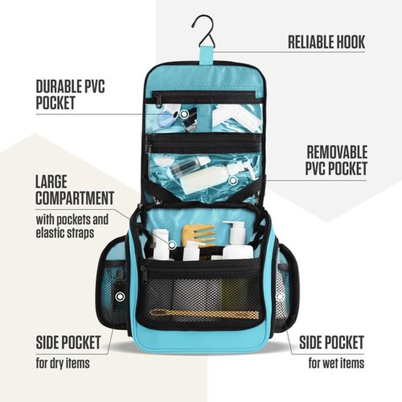 VENTURE 4TH Hanging Travel Toiletry Bag for Women & Men - Travel Organizer with Expandable Compartments & Removable Clear Pouch for Toiletries (Light Blue)