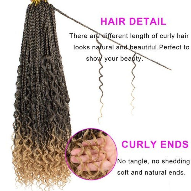 Unionbeauty 24 Inch 8 Packs Boho Box Braids Crochet Hair with Curly Ends Goddess Box Braids Hair Butterfly Bohemian Hippie Braids Pre-looped Ombre Synthetic Braiding Hair Extension for Woman T27#