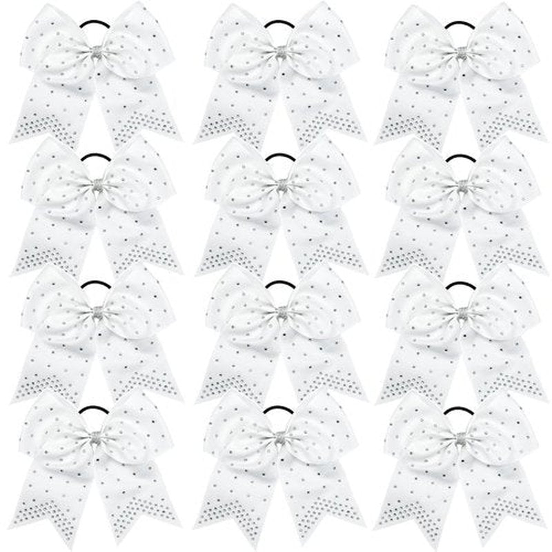 Hipcheer 12PCS 8" Rhinestones Large Cheer Hair Bows for Girls, Hand-made Grosgrain Ribbon Hair Accessories for Teen Girls Softball Cheerleader Sport (White)