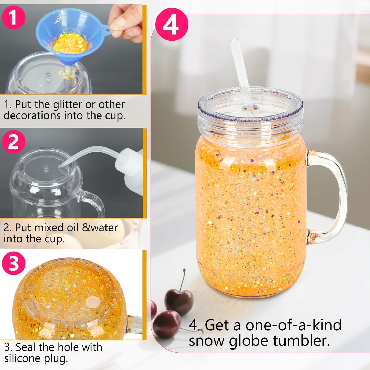 Micellwuu 20 Oz 8 Pack Acrylic Snowglobe Tumbler With Handle, Snow Globe Cups with Pre Drilled Hole, Double Wall Plastic Mason Jars with Handle for Snow Globe Glitter DIY (Clear)
