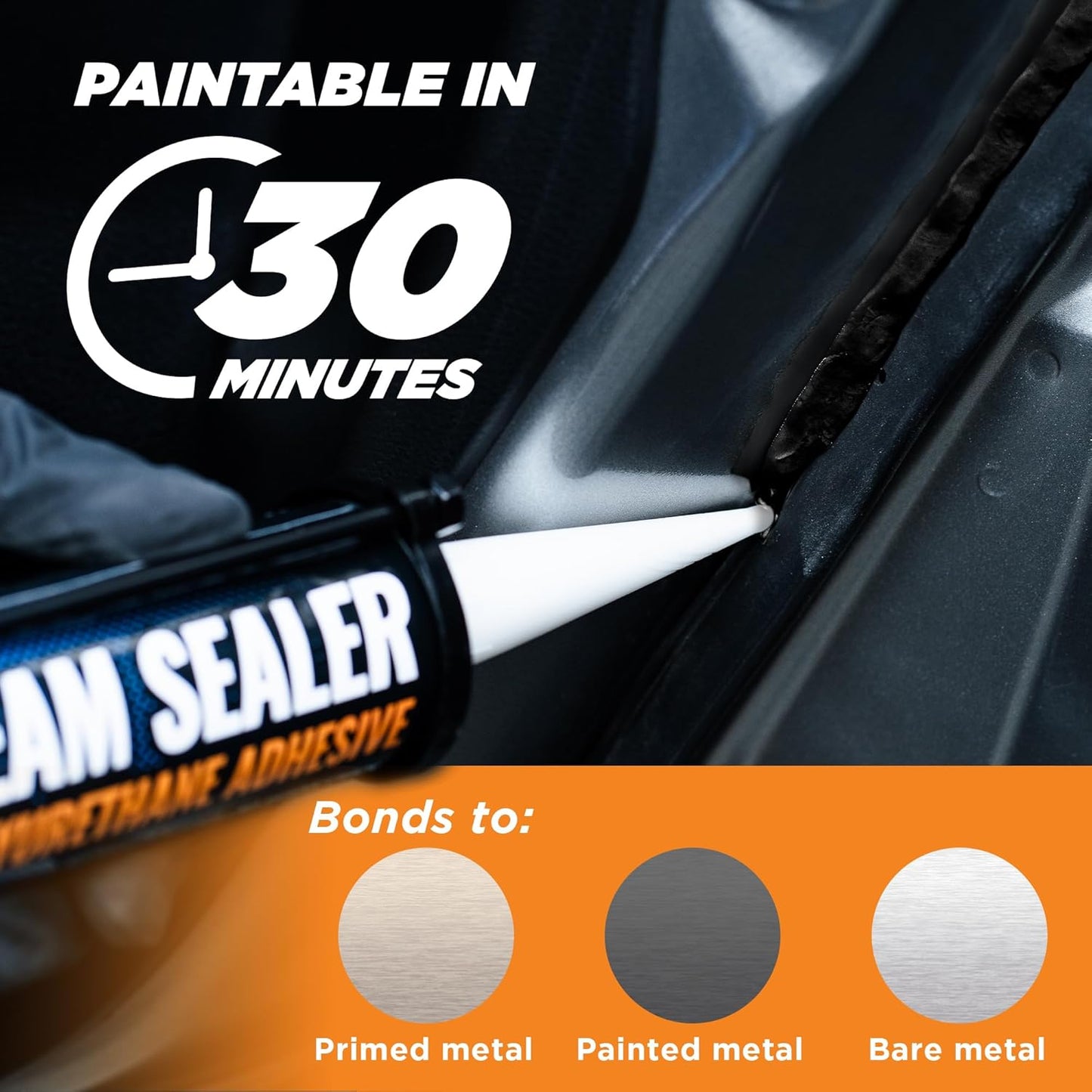 Professional Automotive Seam Sealer - Paintable Quick-Set Polyurethane for Metal Surfaces | 2 Pack, Includes Gloves & Tip - Black