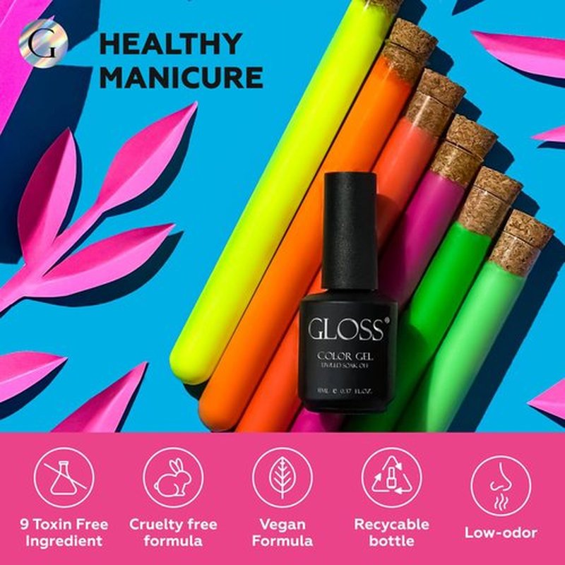 GLOSS Neon Gel Polish Set | 6 Pcs with Neon Pink, Bright Pink, Neon Orange, Neon Yellow, Green Lime & Neon Green Colors, LED Nail Gel Polish, Soak off DIY Nail Summer Gel Polish for Women & Girls