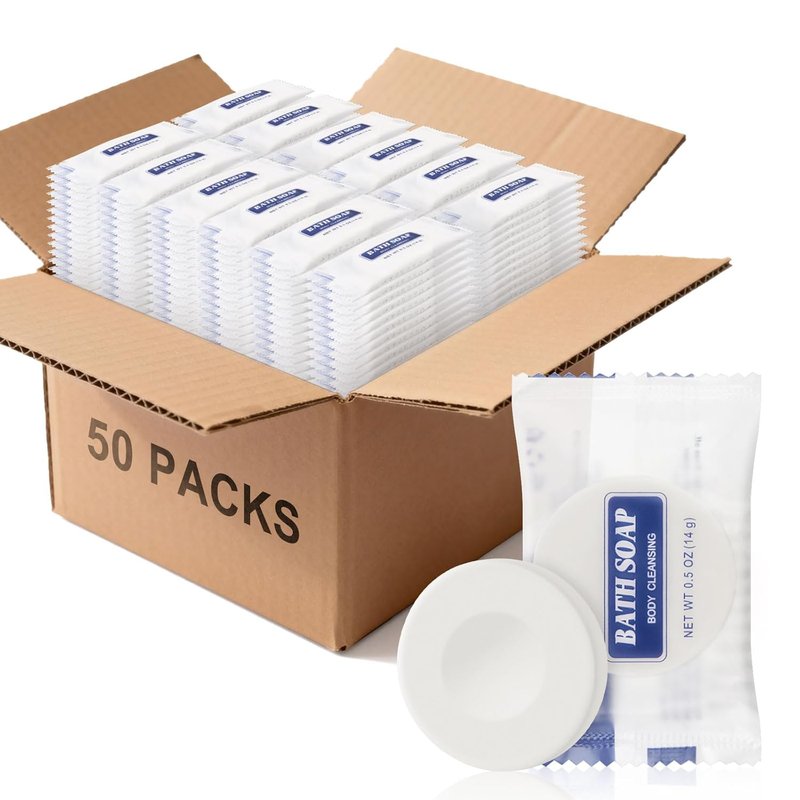 Travel Size Soap Bars - Individually Wrapped Face & Body Cleanser | 0.5 oz Round Soaps for Hotels & Shelters (50 Pack)