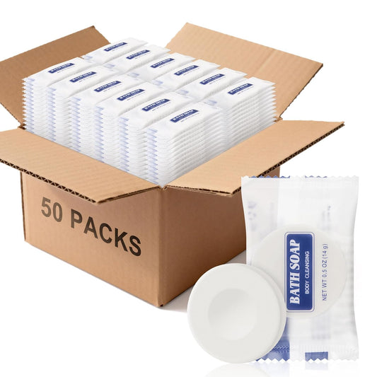 Travel Size Soap Bars - Individually Wrapped Face & Body Cleanser | 0.5 oz Round Soaps for Hotels & Shelters (50 Pack)