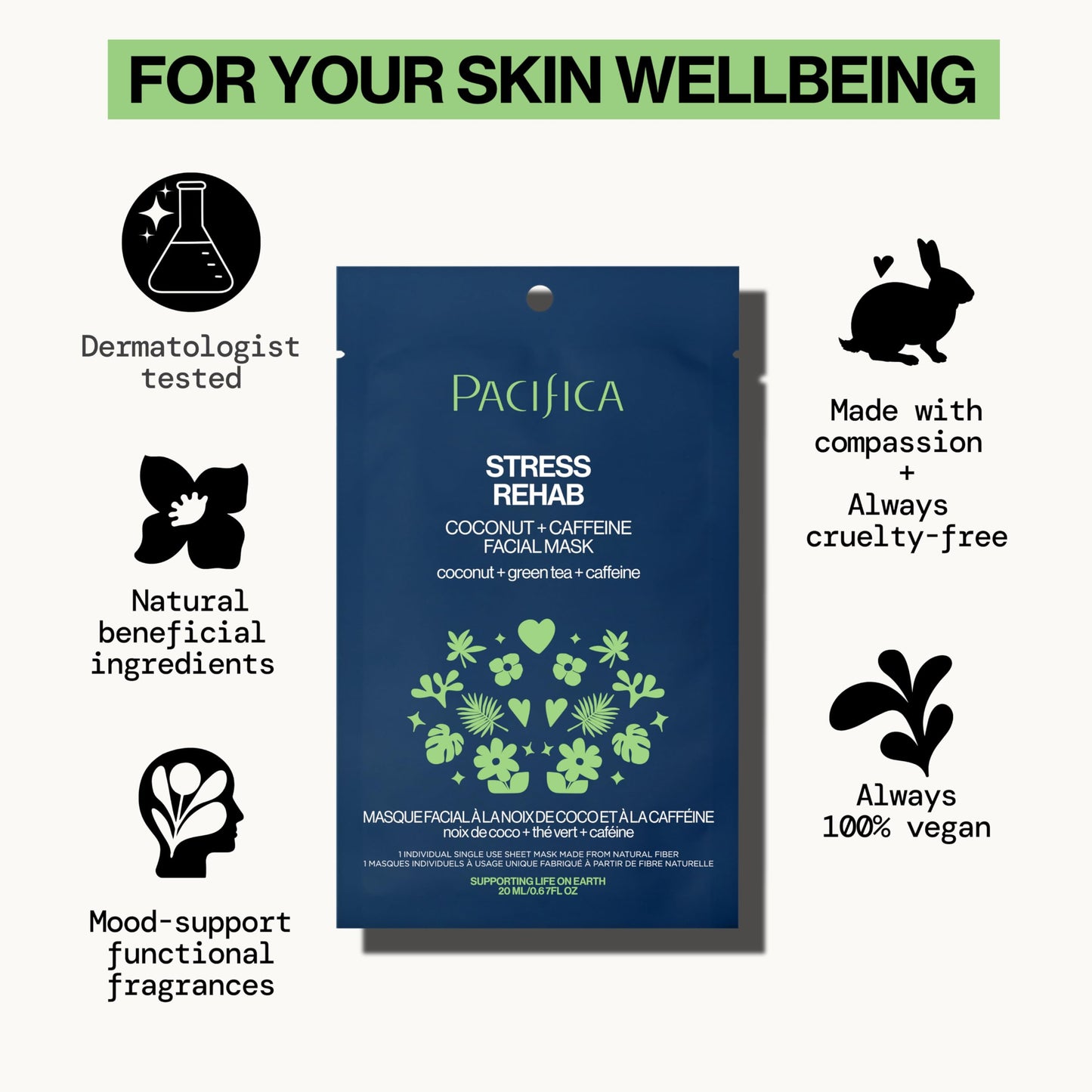 Pacifica Sheet Mask - Skin Rehab Coconut & Caffeine Facial Mask - Sheet Mask for Redness & Puffiness, Infused w/Green Tea, Turmeric & Hyaluronic Acid, Vegan & Cruelty-Free Skincare