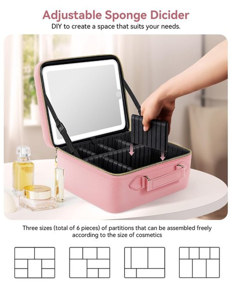 JUSRON Travel Makeup Bag With LED Mirror, Train Case with Light up Mirror, Portable Makeup Artist Organizer Bag with Adjustable Dividers, Makeup Brush Holder Storage (Pink, Large)
