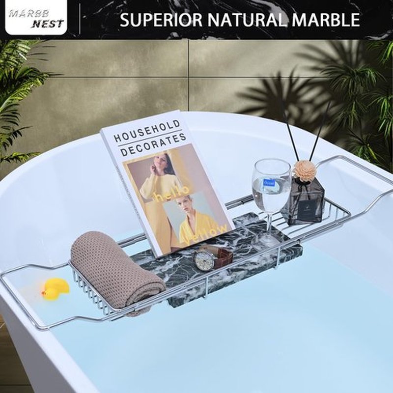 MARBBNEST Bathtub Tray Caddy for Luxury Bath Expandable Extra Wide Bath Tub Tray with Natural Marble Tray and Mobile/Tablet Stand, Ideal for Home Spa Lovers(Chrome + Large Flower Green)