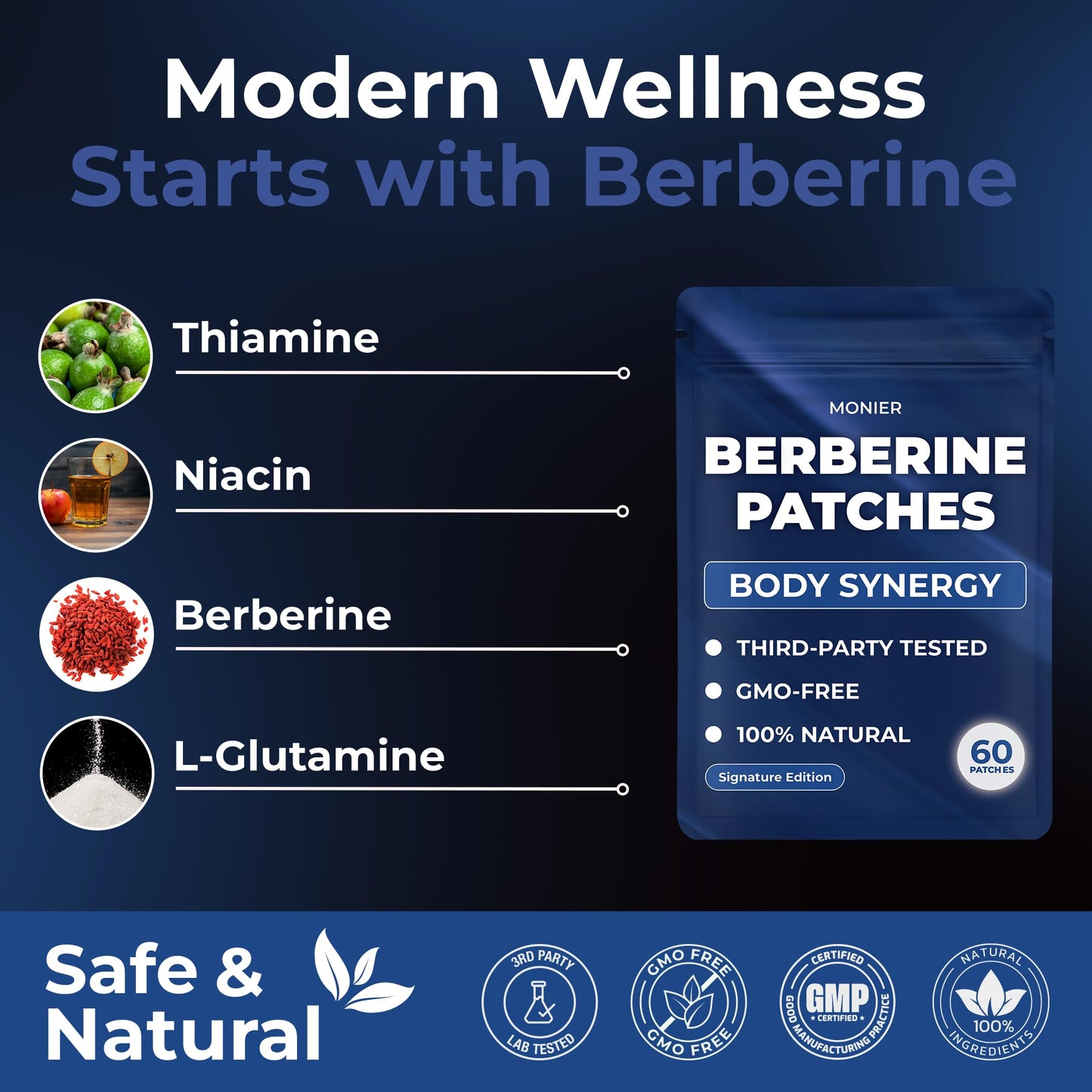 MONIER Berberine Patches | Berberine Patch with L-Glutamine, Garcinia Cambogia, Resveratrol for Women & Men | 60 Days Supply
