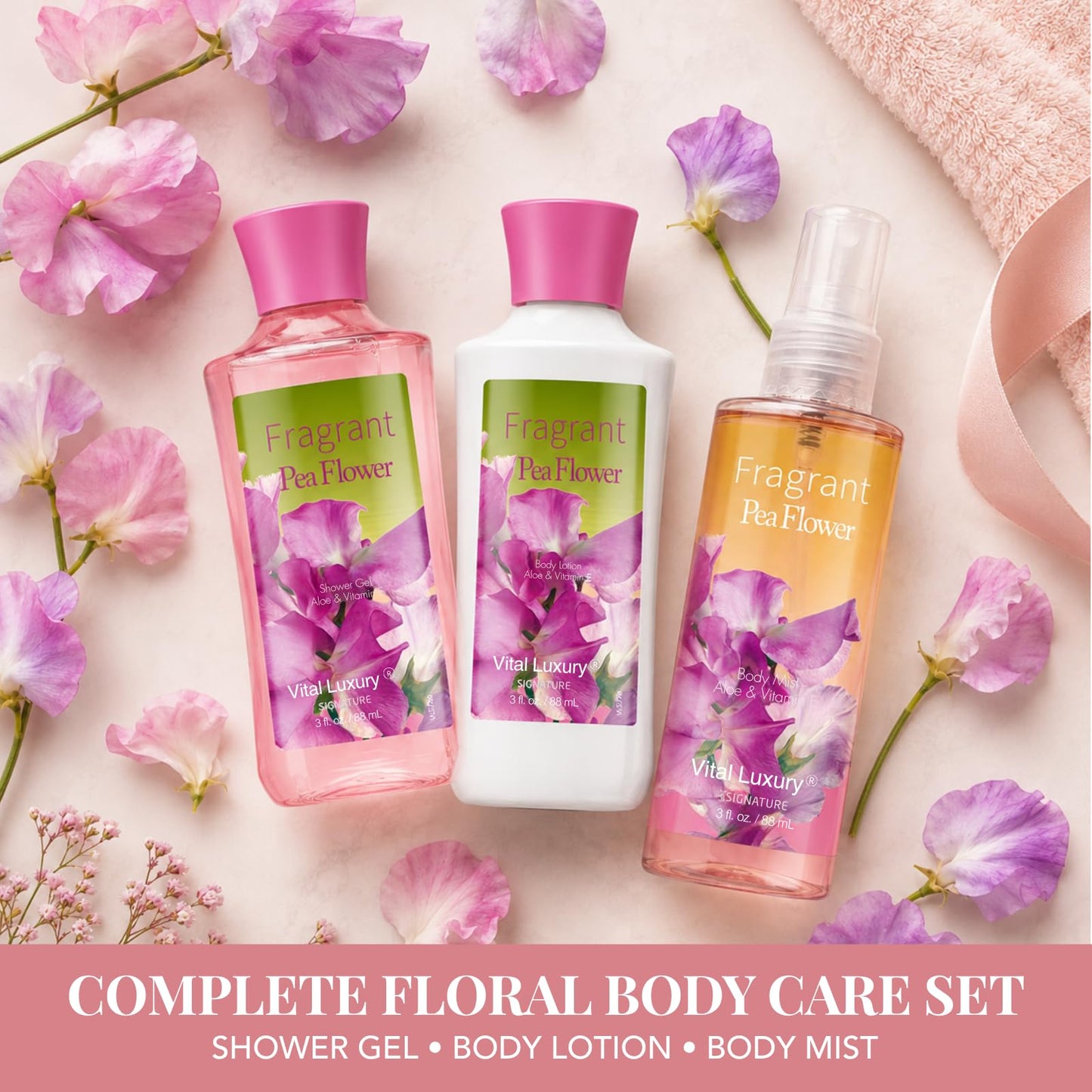 Bath and Body Gift Set, Pea Flower Fragance Gel, Lotion, Mist, Travel Size Spa Set With Natural Extracts - Body Care kit for Birthday Mother's Day Chirstmas Gifts