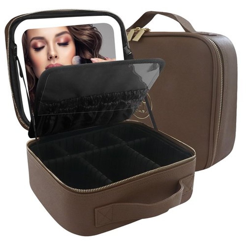 MOMIRA Makeup Bag with Mirror and Light Travel Makeup Train Case Cosmetic Bag Organizer Portable Artist Storage Bag with Adjustable Dividers Makeup Brushes Storage Organizer Brown