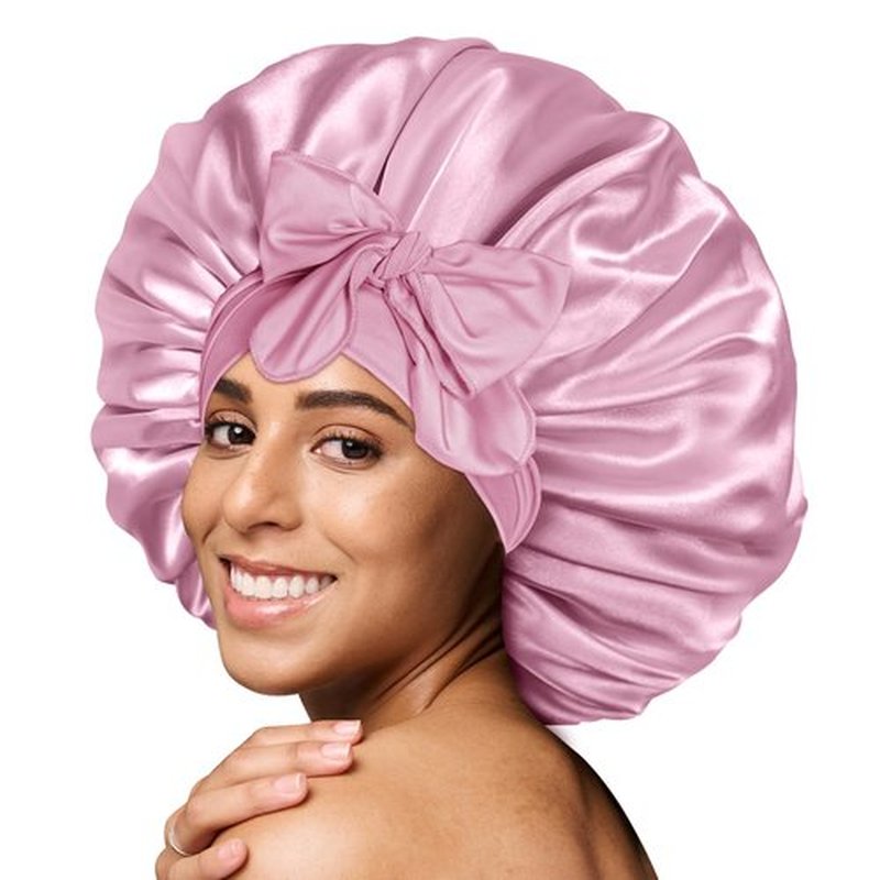 BONNET QUEEN Large Silk Sleeping Bonnet Satin Adjustable Big Bonnet for Curly Hair Braids Night Hat Cap Wrap with Tie Band Rose