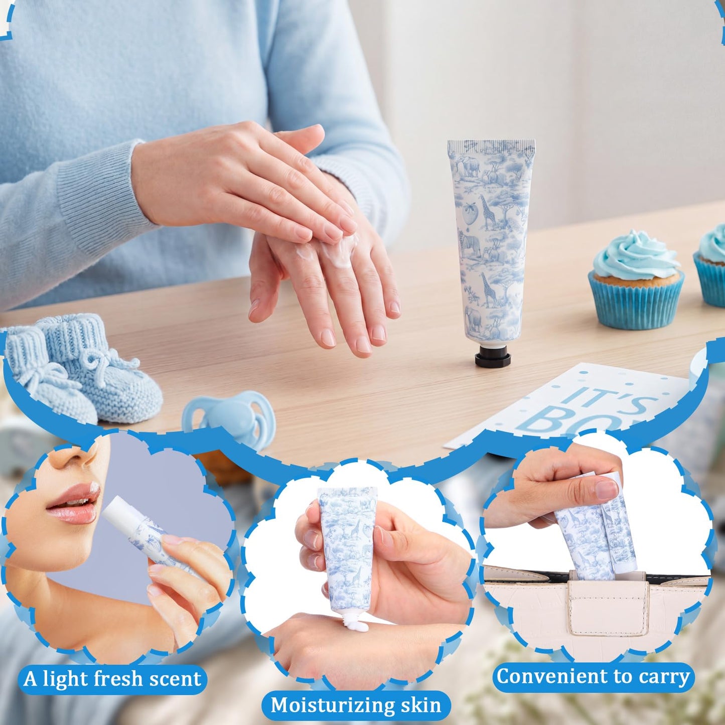 Qunclay 30 Sets Toile De Jouy Baby Shower Hand Cream and Lip Balm Gift Set Blue Chinoiserie Safari Animals Travel Size Hand Lotion Lip Balm Gifts Baby Bridal Shower Party Supplies for Guests