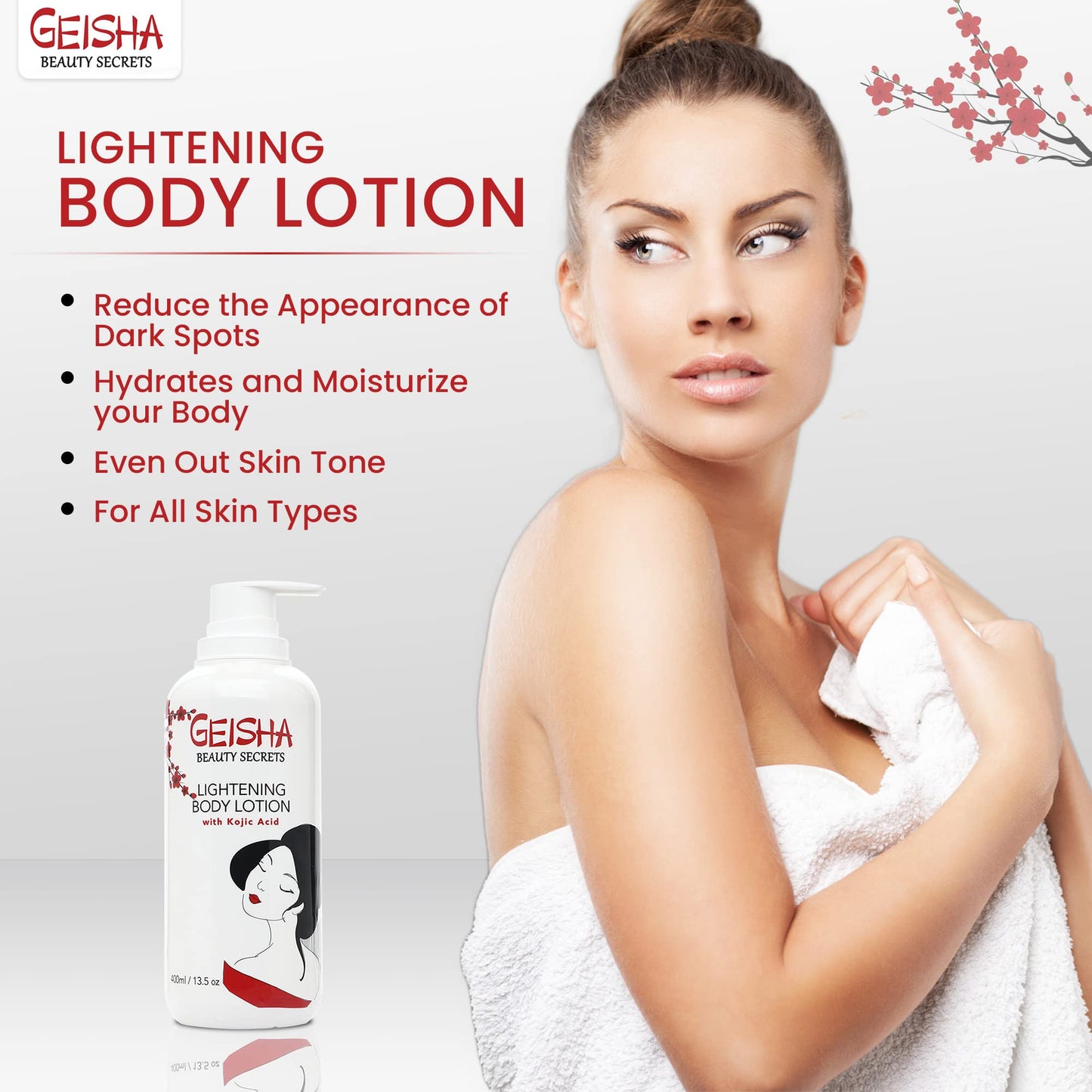 OMIC Geisha Kojic Acid Skin Brightening Body Cream - 13.5 fl oz / 400ml- Dark Spot Cream, Moisturiser, Uneven Skin Tone