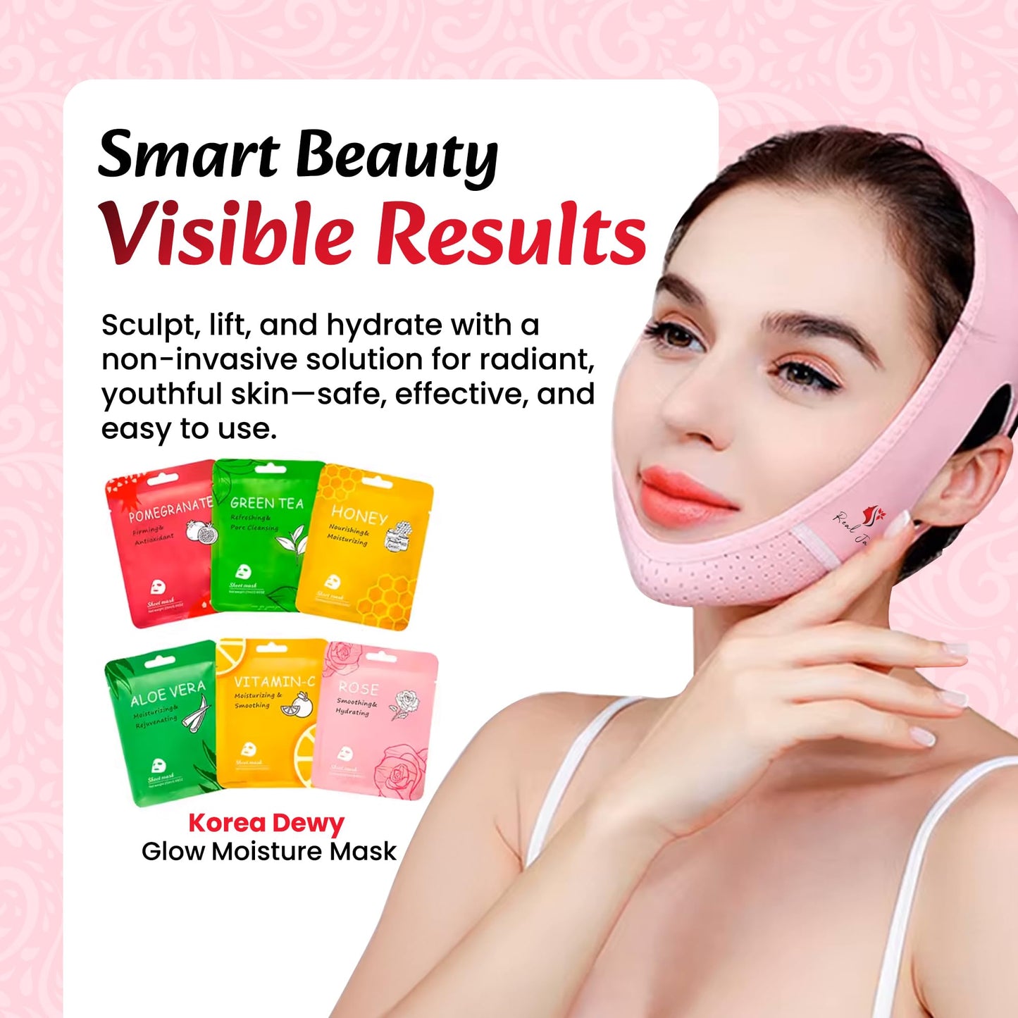 REAL JANE V Line Lifting Mask Set – Face Slimming Chin Strap for Sleeping, Jawline Shaper & Double Chin Reducer, Neck Tightening Face Lift Belt with 6 Hydrating Face Masks for Women