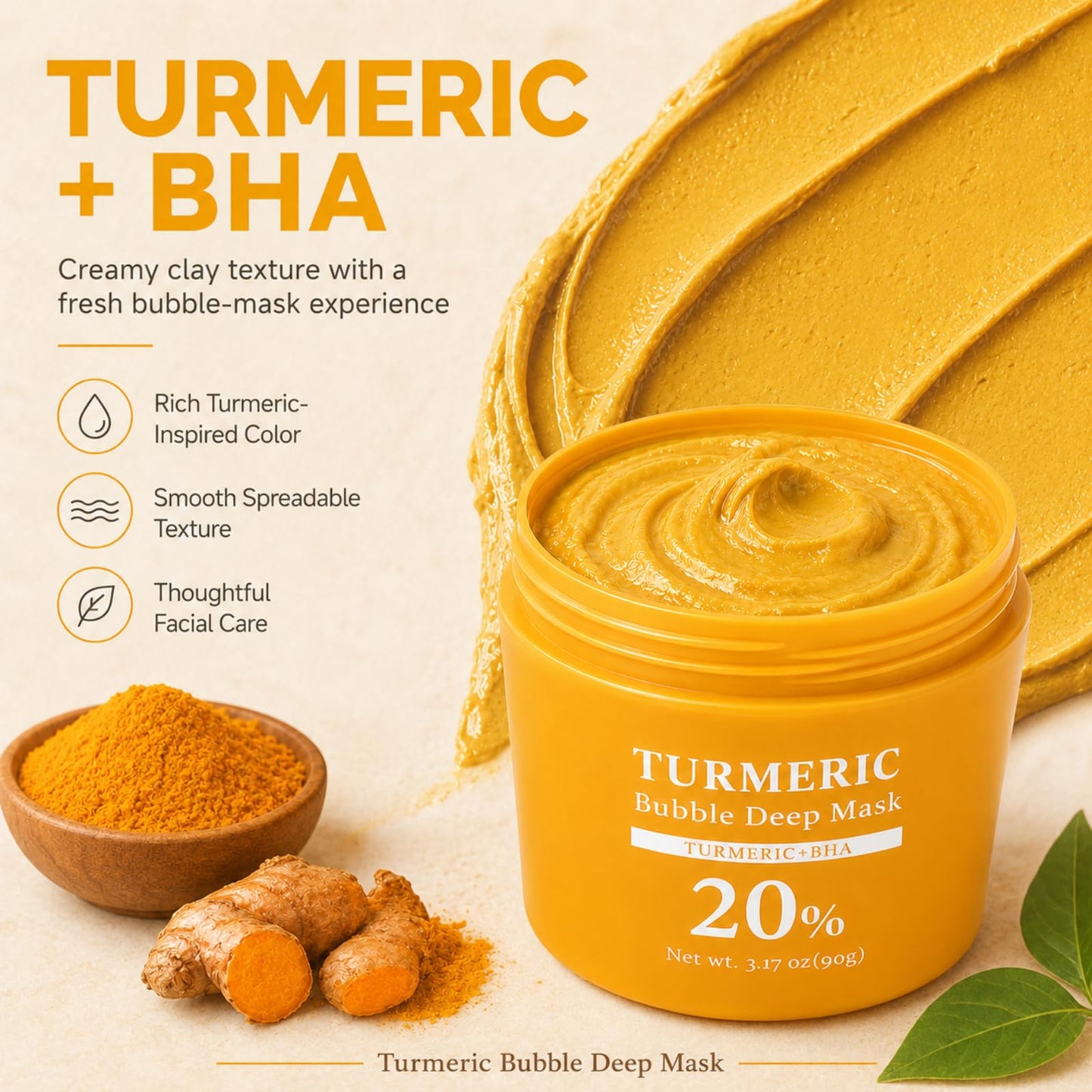Turmeric Bubble Deep Mask - Oxygenating Clay Mask for Smoothing Skin, Helps Refine Look of Pores, Skin Balancing Facial Care(90g / 3.17 oz) (Turmeric)