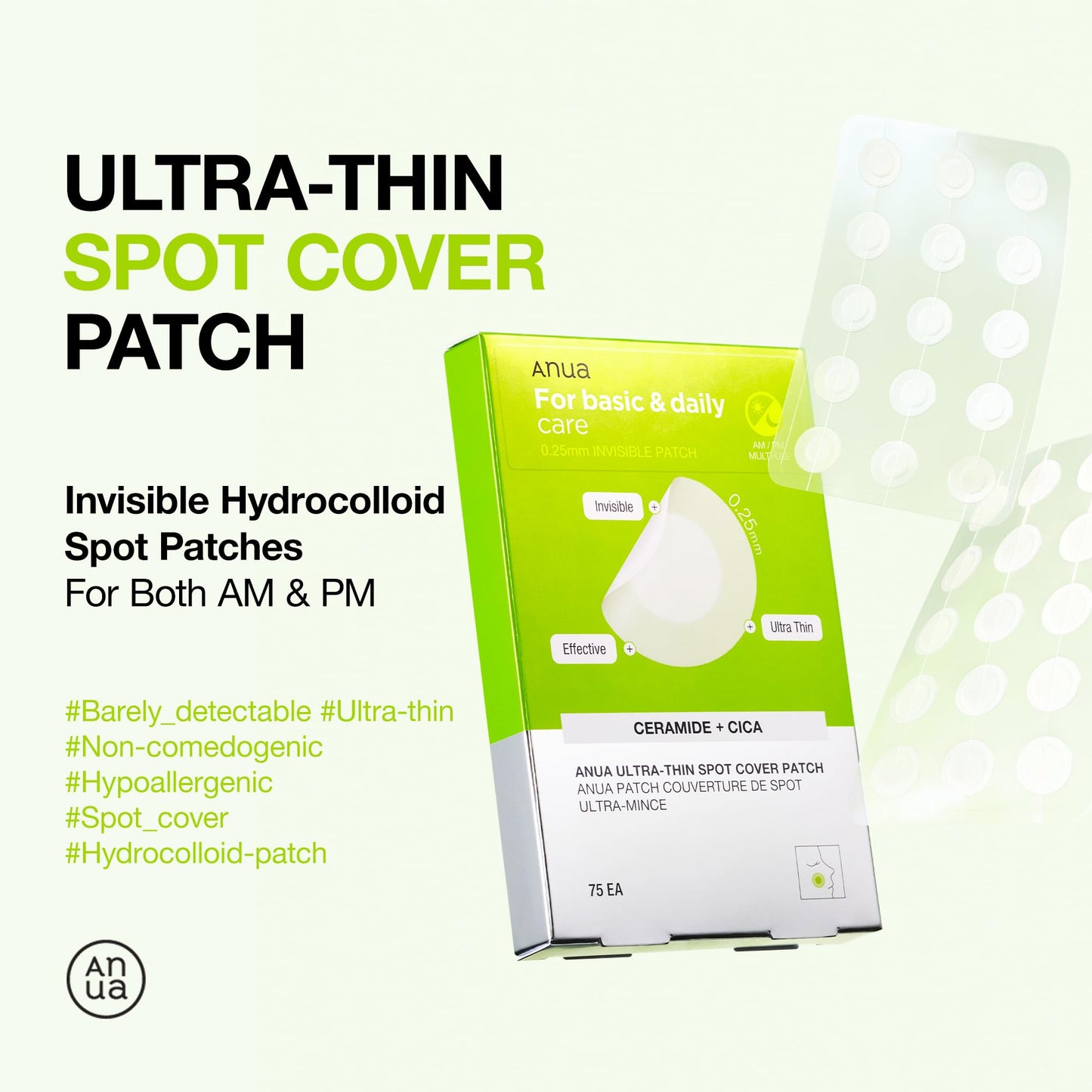 ANUA Ultra-Thin Spot Cover Patch, Invisible Hydrocolloid Pimple Patches for Face, 0.25mm Thin, Day & Night Wear Under Makeup, Non-Comedogenic, Korean Skincare, 75 Counts
