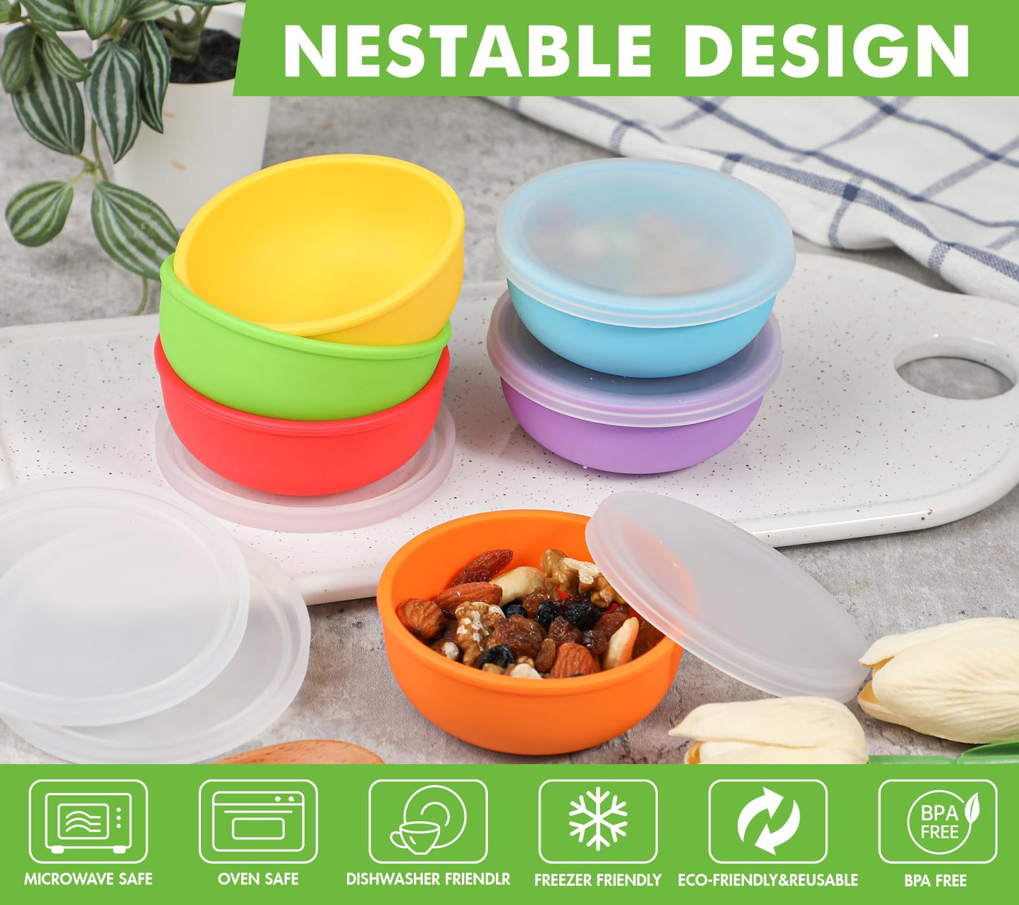 KOLUTI Nonstick Silicone 2oz Pinch Bowls Set of 6, Mini Colorful Condiment Sauce Dip Prep Bowl with Lid, Snack Serving Food Storage Mixing Containers for Side Dish, Microwave & Freezer Safe