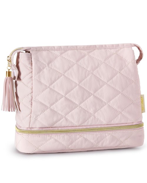 BAGSMART Makeup Bag Travel Cosmetic Bag,Puffy Make Up Bags for Women Double Layer Makeup Organizer Case,Wide-open Pouch Purse Storage Travel Essentials Toiletries Accessories Brushes,Pink
