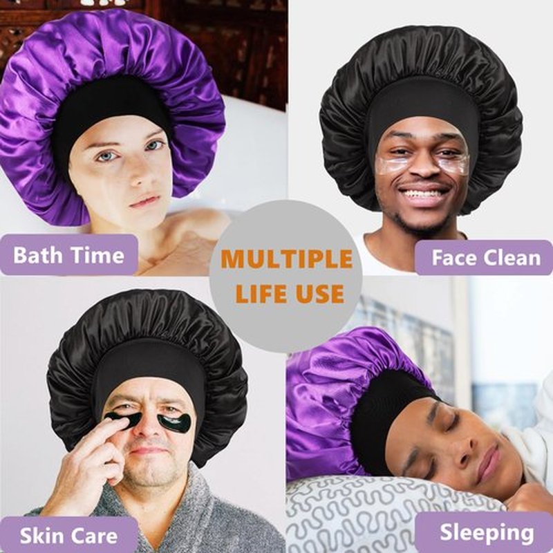 Bonnet for Men,Hair Bonnet for Sleeping,Double Layer Satin Bonnets for Black Women Curly Hair Braids,Reversible Sleep Cap (Large,Black/Purple)