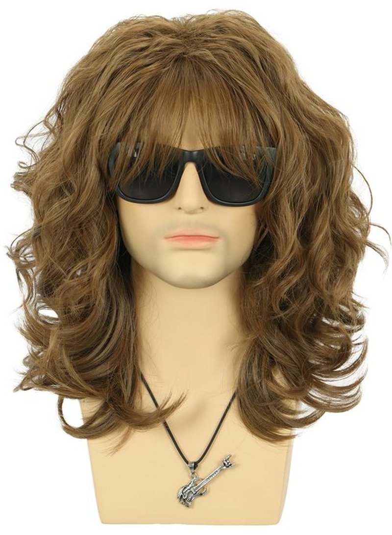VGbeaty 70s 80s Punk Rocker Party California Wig Men Women Long Wave Brown Halloween Costume Cosplay Wig