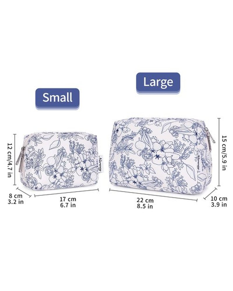 Narwey Cute Makeup Bag Travel Cosmetic Bag Organizer Toiletry Bag Make Up Bags with Compartments for Women (Large, Little Navy Blue Flower)