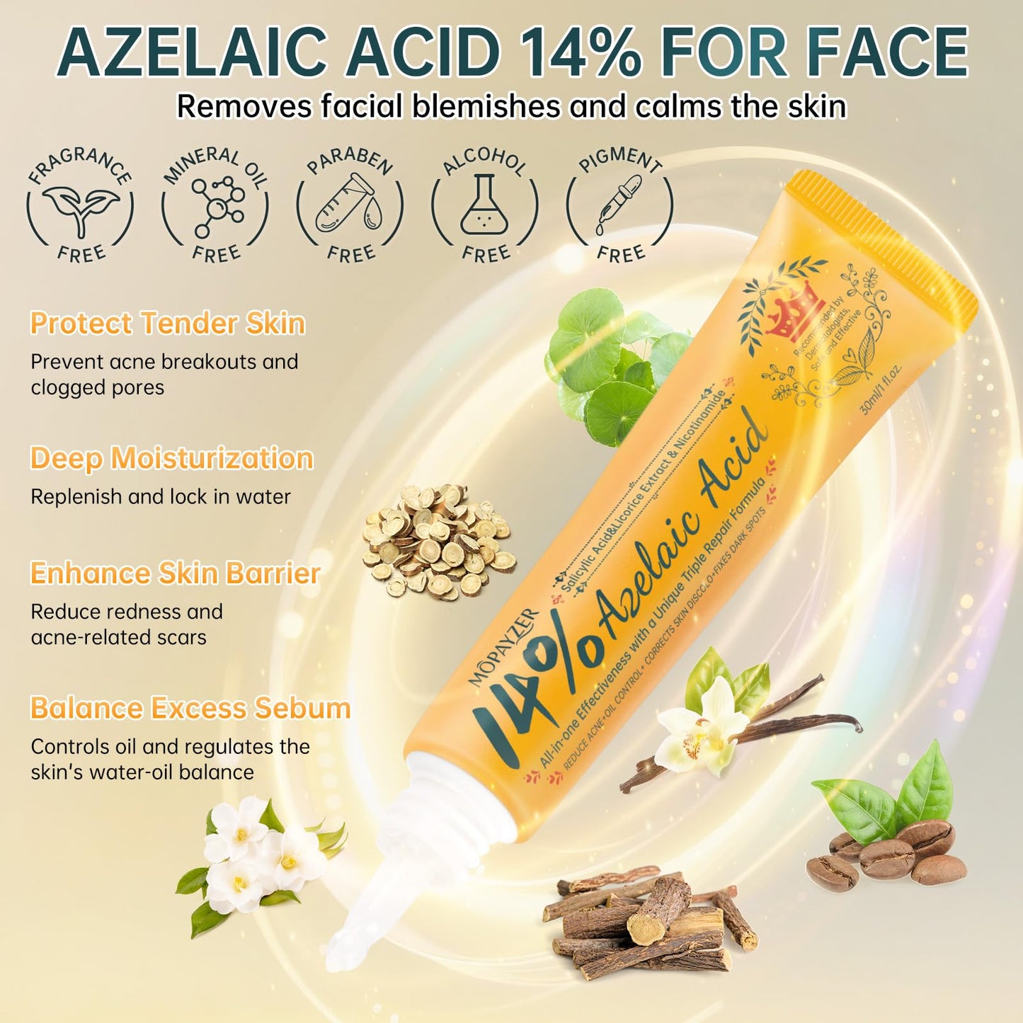mopayzer Azelaic Acid 14% Face Cream, Premium Acne Treatment with Salicylic Acid & Niacinamide, Calms Facial Redness, Controls Oil & Soothes Skin Irritation, 2 Oz