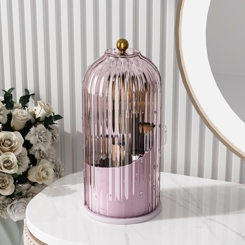 Zufudo Makeup Brush Holder Organizer with Lid 360° Rotating Makeup Organizer Countertop Dustproof Cosmetics Organizer for Vanity Bathroom, Pink Purple