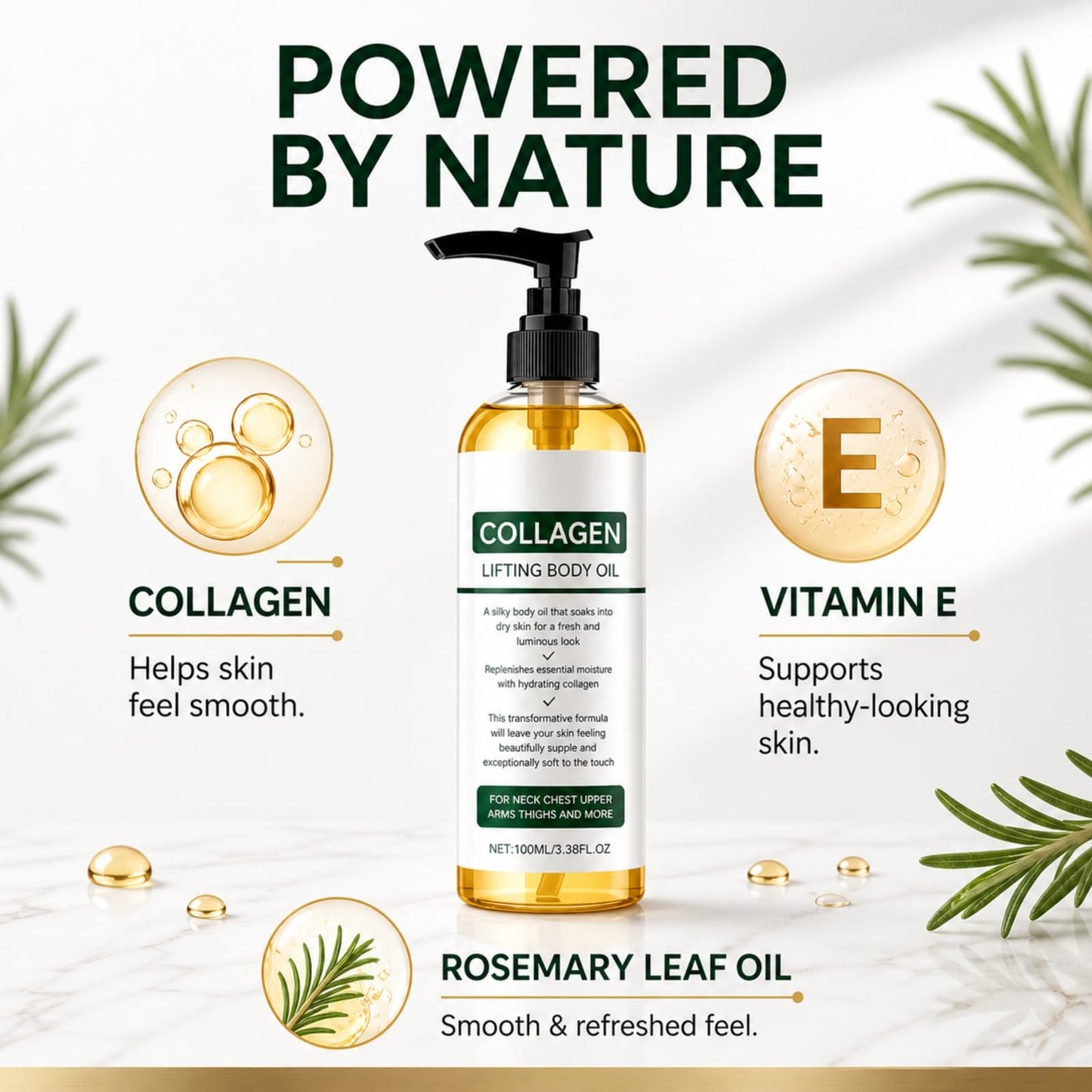 Elycura Collagen Lifting Body Oil – Collagen Oil for Tightening-Looking Skin, Firming-Looking Body Oil with Vitamin C & E, Non-Greasy After Shower Oil for Crepey Skin & Firmer Look, 3.38 Fl Oz