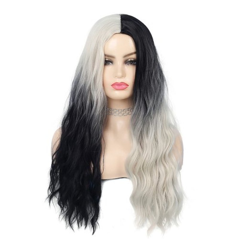 Swiking Black and White Curly Wigs for Women Long Wave Ombre Synthetic Hair Natural Soft Wigs for Party Cosplay Halloween (Half White Half Black)