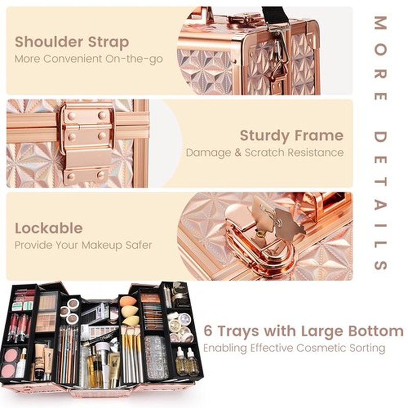 FRENESSA Extra Large Makeup Organizer Case Cosmetic Train Case 6 Trays Large Bottom with Shoulder Strap Travel Makeup Case for Makeup Artist, Cosmetology, Nail Tech Kits Makeup Box Storage Rose Gold