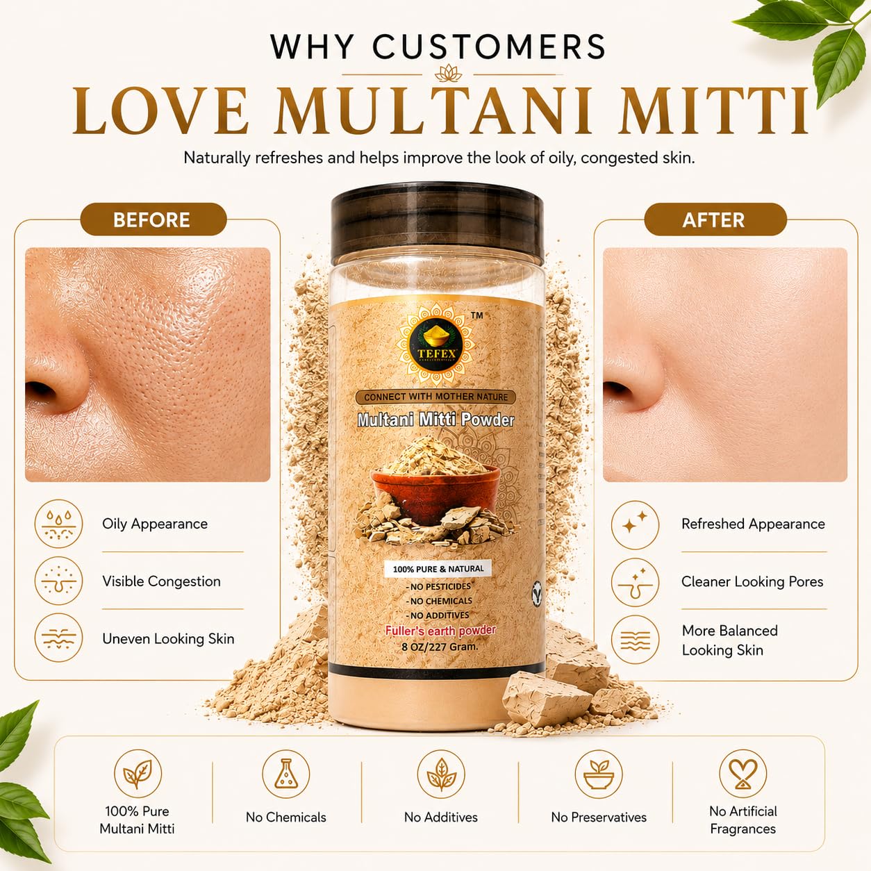TEFEX ENTERPRISES Multani Mitti Powder (Fuller’s Earth) – 227 Grams / 8 oz | 100% Natural Clay for Face Mask, Skin Detox & Oil Control | Airtight Bottle