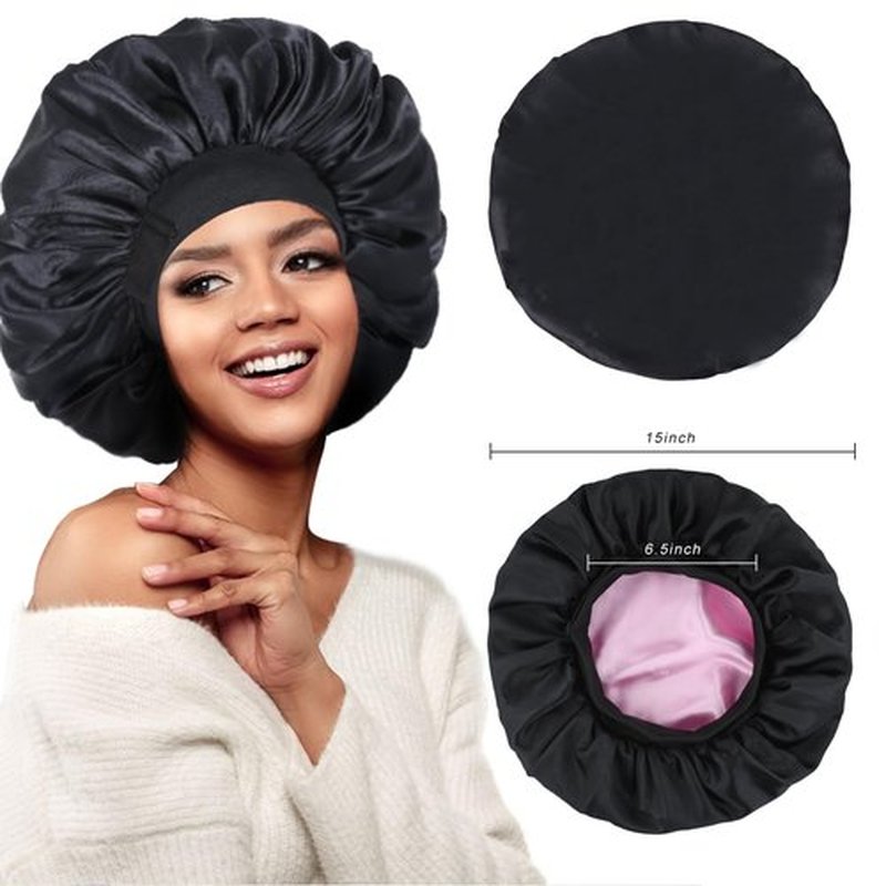 Silk Bonnet for Sleeping Double Layer Satin Bonnet Adjustable Bonnets for Black Women Sleep Cap Reversible Hair Bonnet for Curly Hair (Black and Pink)