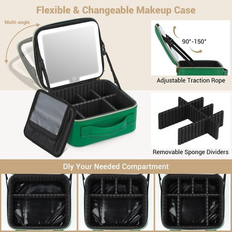Aiborke Travel Makeup Bag with Led Mirror Makeup Case with Lighted Mirror Cosmetic Organizer bag with Adjustable Dividers and 5X Magnifying Mirror Gift for Women (Green)