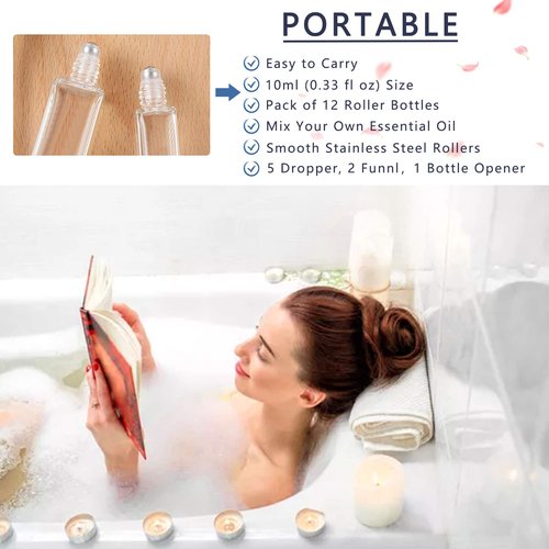wifreo 12Pcs 10ml Glass Roll On Bottle for Essential Oils, Eco-friendly Refillable Clear Perfume Sample Bottles with Stainless Steel Roller Ball - Portable & Practical